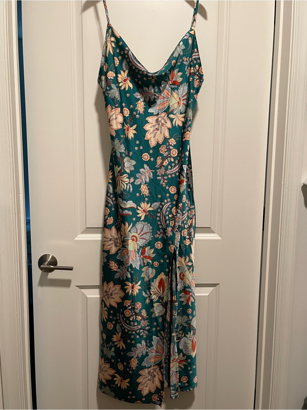 Teal Floral Satin Maxi Slip Dress with Cowl Neck